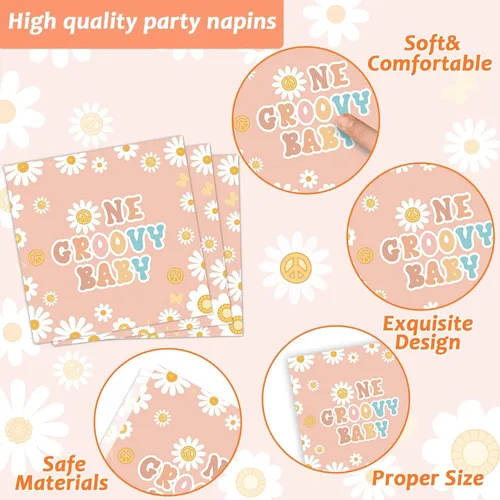 Miniatura 4 de 96 piezas de decoraciones de fiesta de cumpleaños One Groovy, platos de papel y servilletas para fiesta Groovy One para niñas, vajilla con flores
