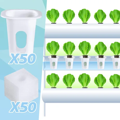 Miniatura 3 de Hoolerry El kit de sistema de cultivo hidropónico de 100 piezas incluye 50 cestas de cultivo hidropónicas y 50 esponjas cuadradas, iniciador