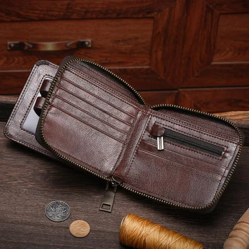Miniatura 109 de LUKZIJAES Billetera de cuero genuino para hombre, con bloqueo RFID, delgada, plegable, bolsillo frontal, #3-Café, Vintage