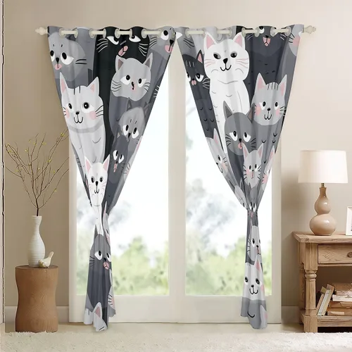 Miniatura 4 de Feelyou Cortinas de ventana de gatos grises y blancos, cortinas de ventana con patrón de mascotas para dormitorio, sala de estar para niños, niñas