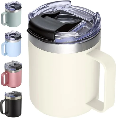 Taza de café aislada de 12 onzas con asa, taza de café de viaje de acero inoxidable con tapa abatible, vaso de café de doble pared con aislamiento
