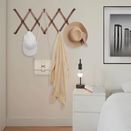Miniatura 7 de SCUNDA Perchero de pared expandible, perchero de acordeón de madera para sombrero, abrigo, taza (14 ganchos + 16 ganchos)