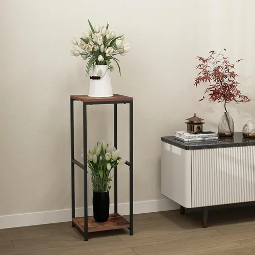 Miniatura 4 de CASIMR - Soporte para plantas de interior, estante alto de metal con tablero cuadrado de madera, estante de exhibición de 2 niveles para múltiples