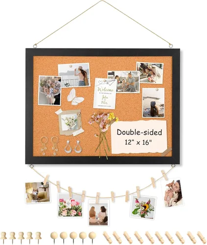 Miniatura 19 de Tablero de corcho de doble cara con lino, tablero de anuncios pequeño con marco de madera colgante de 12 x 12 pulgadas, kit de tablero de visión