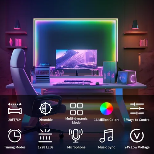 Miniatura 2 de Tira de luces LED de 20 pies COB Smart IC, luces LED RGB de 24V para dormitorio con control remoto RF, botón de aplicación inteligente