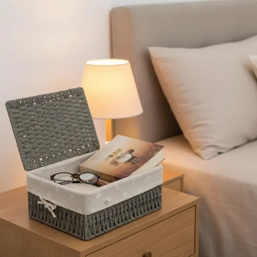 Miniatura 9 de Cestas de almacenamiento con tapas, juego de 3, cestas de mimbre tejidas anidables, cestas decorativas con tapa para estantes, dormitorio, baño, Gris
