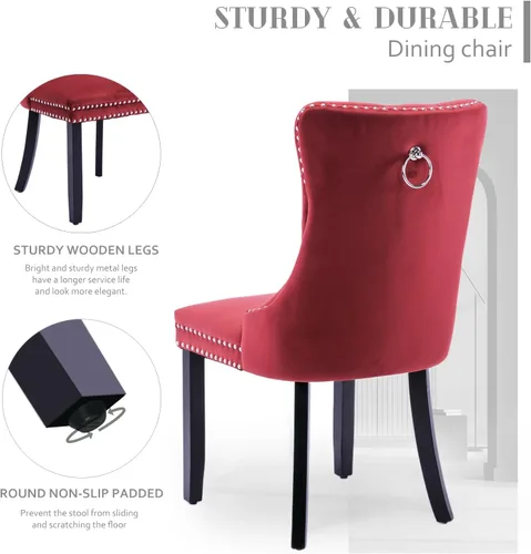 Miniatura 4 de SoarFlash Juego de 2 Sillas de Comedor de Terciopelo, Sillas de Comedor Tapizadas Acolchadas con Ribete de Tachuelas y Patas de Madera Maciza
