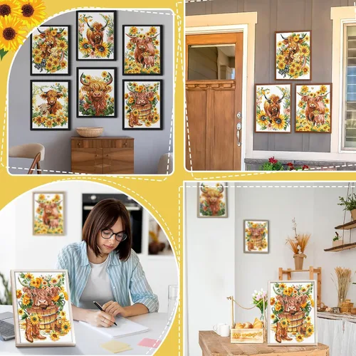 Miniatura 6 de Harloon Paquete de 6 kits de arte de diamantes de vaca de las tierras altas para adultos principiantes vaca 5D primavera verano pintura de diamantes