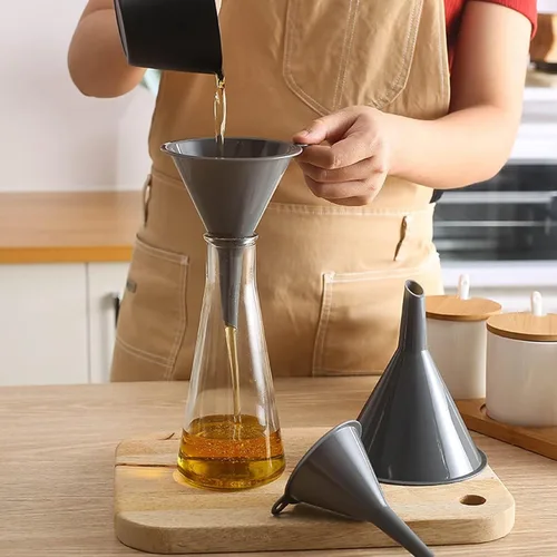 Miniatura 5 de Juego de 3 embudos de cocina de plástico, embudos de cocina redondos para llenar botellas, embudos duraderos y multifuncionales para llenar Gris