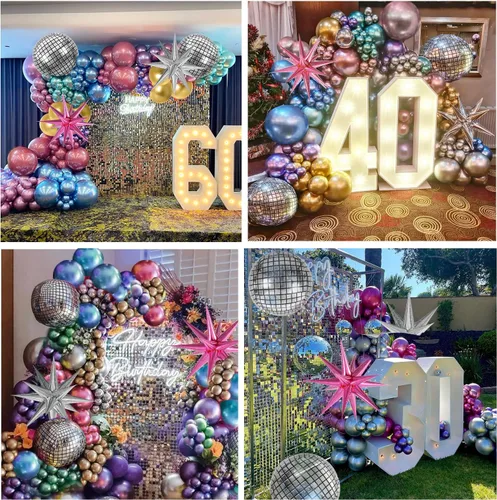 Miniatura 5 de FOTIOMRG Kit de arco de globos de discoteca de 135 piezas con globos de bola de discoteca, globos metálicos plateados, azul, verde, morado, rosa