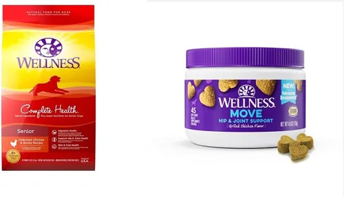 Wellness Complete Health - Paquete de alimentos y suplementos para personas mayores: alimento seco para perros con granos (pollo y cebada, bolsa de