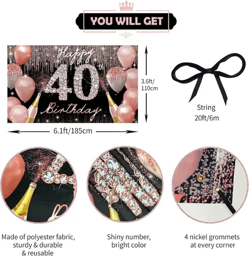 Miniatura 2 de Cartel de fondo de feliz cumpleaños 40, decoración de cumpleaños 40 para mujer, oro rosa, cartel de fiesta de cumpleaños de 40 años, cartel de fondo