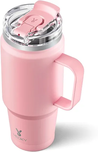 Miniatura 7 de Meoky - Vaso de 32 onzas con asa, taza de viaje de acero inoxidable con pajilla y tapa 2 en 1, taza de café con aislamiento al vacío, 100% a prueba