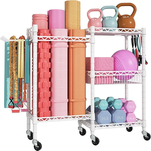 Miniatura 9 de FUTASSI Almacenamiento para Gimnasio en Casa, Organizador de Equipo de Entrenamiento de 3 Niveles con Ruedas para Esterillas de Yoga, Rodillo
