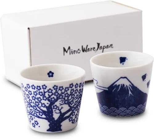 Juego de 2 tazas de sake japonesas - Sakura y Monte Fuji Design, cerámica de color índigo, 3.9 onzas líquidas, para bebidas frías y calientes, taza