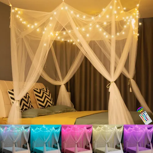 Dosel de cama blanco con luces de estrella de 24 colores para niñas, cortinas de cama de princesa de 8 esquinas con luces de cadena LED que cambian