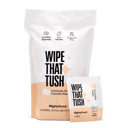 Wipe That Tush On-The-Go Toallitas desechables – 1 paquete de 30 toallitas de viaje envueltas individualmente – Sin fragancia e hipoalergénicas –