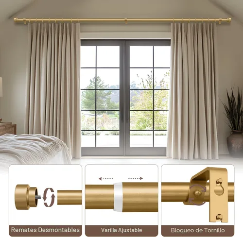 Miniatura 4 de Lootkell Barras de cortina modernas doradas para ventanas de 48 a 84 pulgadas, longitud ajustable, resistente, 1 pulgada de diámetro, con remates