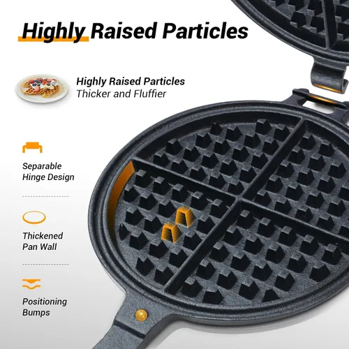 Miniatura 3 de Plancha para gofres profesional de hierro fundido de 8 pulgadas para encimera Cuerpo engrosado de 8 libras, calentamiento rápido, superficie