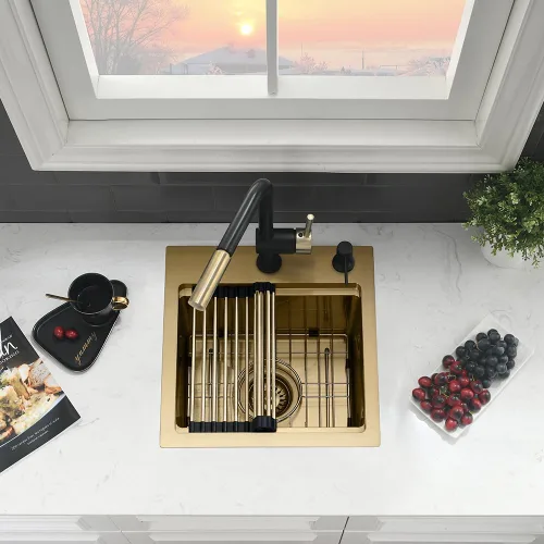 Miniatura 9 de In-VASOYO - Fregadero de barra dorada de 15 pulgadas para fregadero de cocina pequeño de 15 x 15 pulgadas, fregaderos de barra húmeda, fregadero