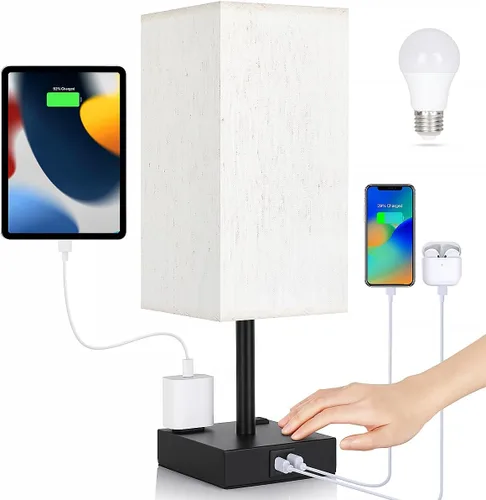 Lámpara de mesa para dormitorio, lámpara táctil pequeña con puertos de carga USB C+A y salidas de CA, lámpara de mesita de noche regulable de 3 vías