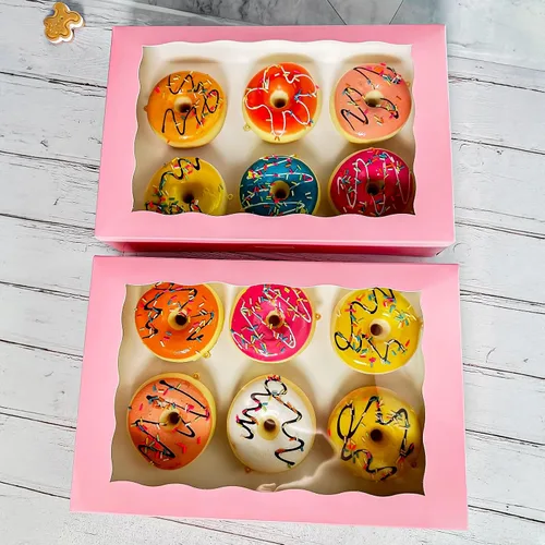 Miniatura 3 de Paquete de 15 cajas de pastelería rosa para panadería de 12 x 8 x 2.5 pulgadas, donas grandes, magdalenas, cajas de galletas con ventana de PVC