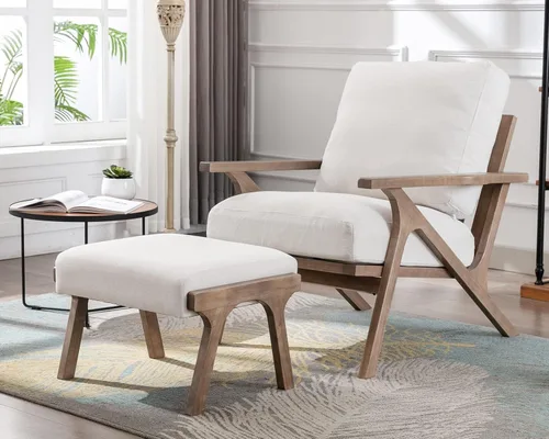 Miniatura 11 de HNY Mid-Century - Silla decorativa tapizada moderna, sillón de tela de lino con marco de madera maciza, cómoda silla de descanso con almohada