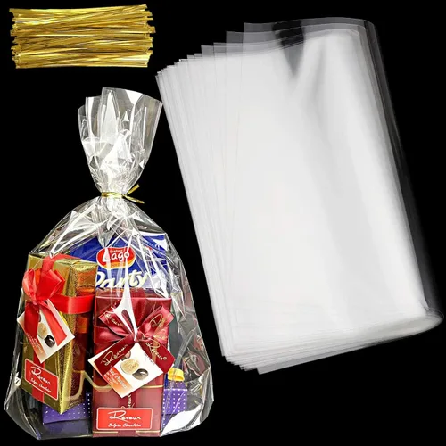 Symbiontia 50 bolsas de celofán de celofán de 14 x 18 pulgadas, transparentes y planas para envolver regalos, panadería, galletas, dulces, postres,