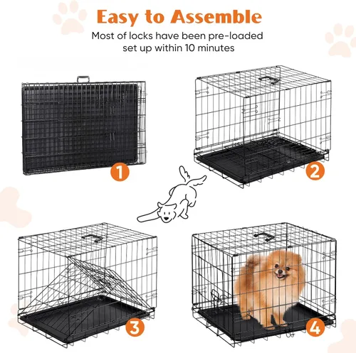 Miniatura 11 de Sweetcrispy Jaula para perros, jaula plegable de alambre de metal de doble puerta de 42 pulgadas con bandeja de plástico a prueba de fugas, perrera