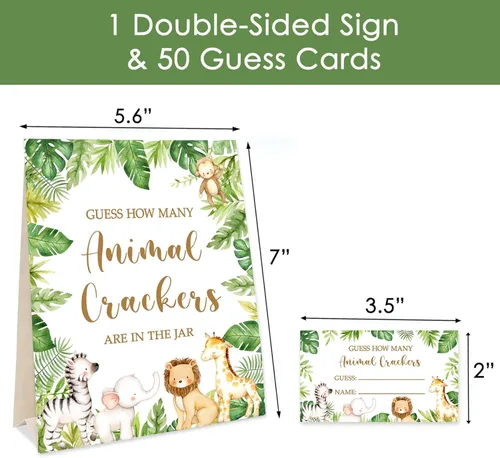 Miniatura 2 de Tarjetas de juego de adivinanzas de la selva de safari, cuántas galletas de animales adivinando, 50 tarjetas y letrero a juego, baby shower