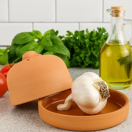 Miniatura 3 de Eurita Terra Cotta - Asador de ajo con tapa y ventilación de vapor, horneador de ajo de arcilla natural para horno o microondas, plato para asar ajo
