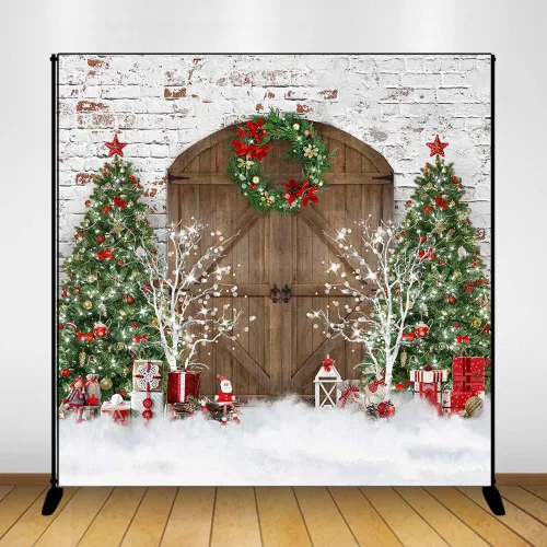 Miniatura 8 de Mocsicka Telón de fondo de fotografía de Navidad con puerta de granero, árbol de Navidad, regalos de nieve, decoración de fondo de fotos de casa