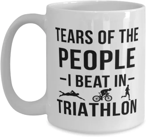 Miniatura 3 de Taza de café divertida para triatleta con diseño de lágrimas de la gente que vencí en triatlón, 11 onzas, color blanco