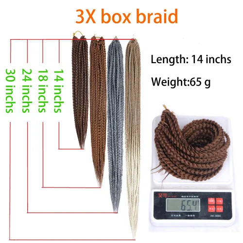 Miniatura 6 de 6 paquetes/lote (14/18/24/30) pulgadas, 0.4 in, 20 hebras por paquete, 3 extensiones de cabello trenzado de ganchillo finas, diámetro 3X