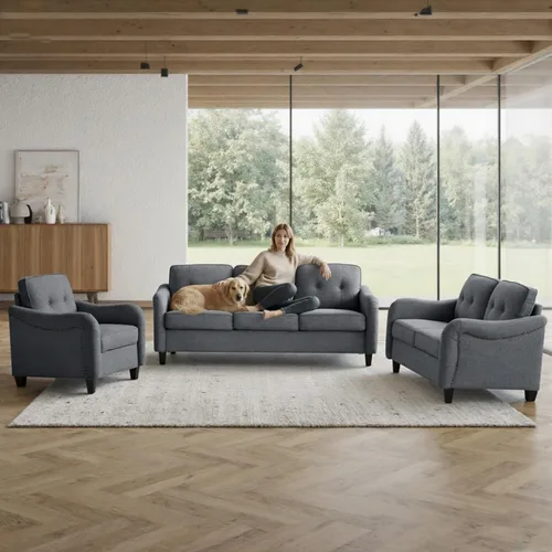 Miniatura 7 de Juego de muebles de sala de estar de 3 piezas, sofá de tres asientos y sofá biplaza, sillón Singel con ribete de cabeza de clavo, tapizado de lino