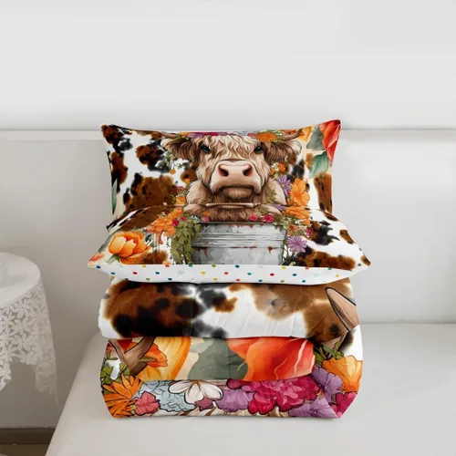 Miniatura 6 de Juego de edredón con diseño de vaca de las tierras altas para niños y adultos, juego de cama retro con piel de vaca, estilo granja, animal, ropa