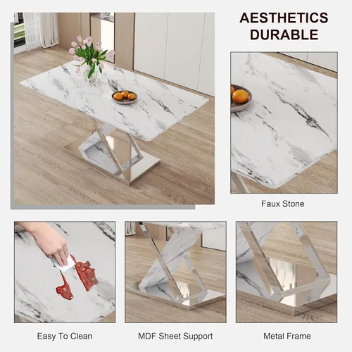Miniatura 8 de Juego de mesa de comedor de mármol para mesa rectangular blanca de 4.63 pulgadas con marco de metal plateado en forma de X y 4 sillas de comedor