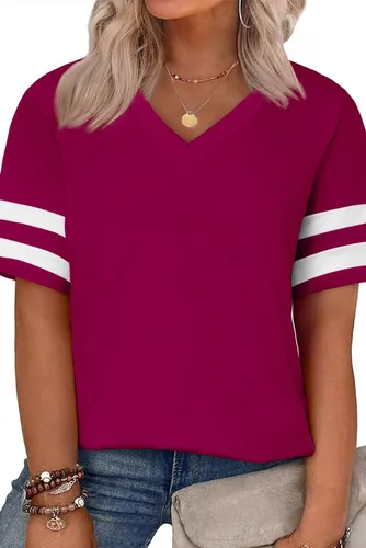 Miniatura 111 de Eytino Blusas de talla grande para mujer, cuello en V, manga corta, a rayas, casual, holgada, con bolsillo (1X-5X)