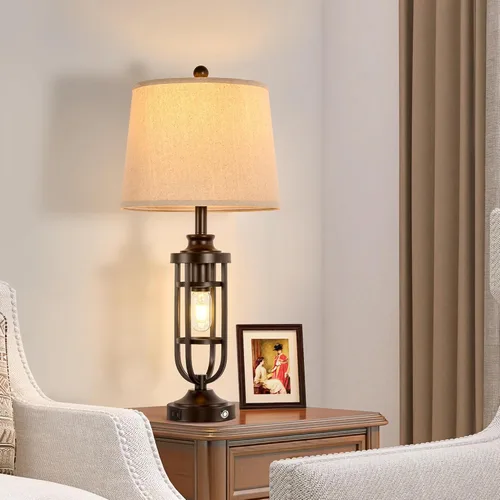 Miniatura 4 de Lámparas de Mesa Estilo Granja de 28.8" para Sala de Estar, Juego de 2, Lámparas Táctiles Regulables de 3 Vías con Puertos USB, Lámparas Rústicas