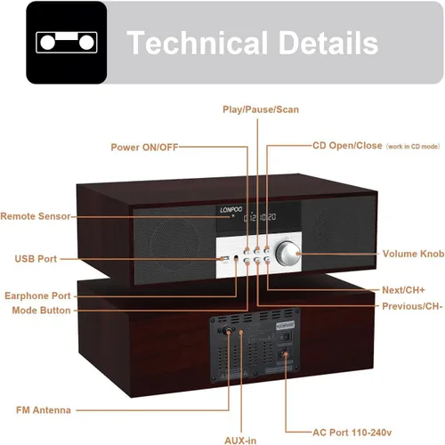 Miniatura 7 de LONPOO Sistemas de sistema estéreo con reproductor de CD, reproductores de CD de 40 W para el hogar, Bluetooth, reproducción USB, radio FM, entrada