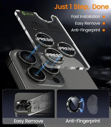 Miniatura 5 de iGluz Paquete de 2 protectores de lente de cámara antirreflejos para iPhone 15 Pro/15 Pro Max, vidrio templado ultrafino antivaho con bandeja