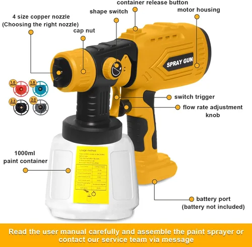 Miniatura 5 de Pulverizador de pintura inalámbrico para batería Dewalt de 20 V (batería no incluida), pistola de pintura eléctrica con 4 boquillas de cobre y 3