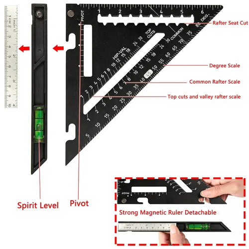 Miniatura 2 de Beslands Escuadra de Viga de 7 pulgadas con Nivel, Regla Triangular de Metal de Aluminio Escuadra de Carpintero Herramienta de Trazado para Negro