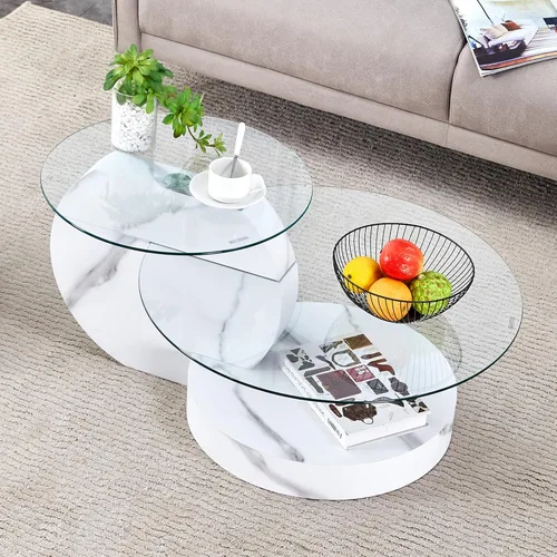 Miniatura 14 de Mesa de centro de vidrio de 35.4 pulgadas, mesa de centro redonda pequeña, mesa de vidrio templado de 2 niveles con base de madera, mesa central