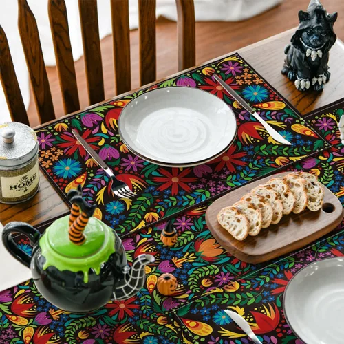 Miniatura 3 de Artoid Mode Manteles Individuales Mexicanos Cinco De Mayo para Mesa de Comedor, 12 x 18 Pulgadas Decoración Floral Fiesta Día De Los Muertos