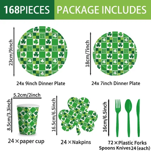 Miniatura 2 de 168 piezas de suministros para fiesta del día de San Patricio, platos de la suerte, servilletas, juego de vajilla de papel de trébol irlandés verde