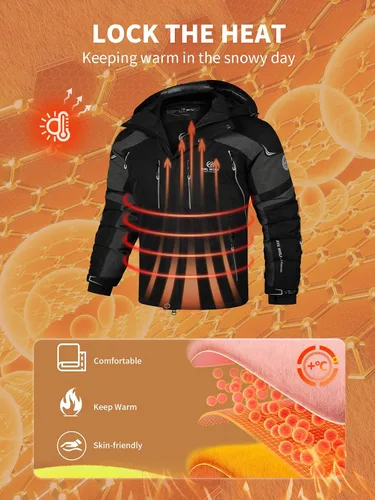 Miniatura 4 de EVIL WOLF Chaqueta de esquí impermeable para hombre, con capucha y cálida, con múltiples bolsillos, equipo esencial de invierno para esquí