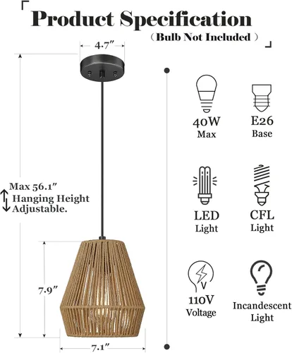Miniatura 3 de ELYONA Luces colgantes tejidas estilo bohemio de 7 pulgadas, lámpara colgante de ratán rústico ajustable, cortina de cesta tejida a mano, accesorios