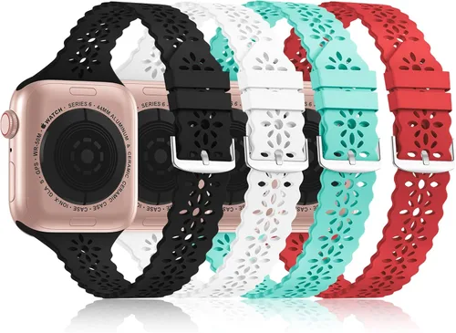 Miniatura 10 de Bandiction - Paquete de 4 correas de silicona de encaje compatibles con Apple Watch de 38mm 40mm 41mm 42mm 44mm 45mm 46mm 49mm, correa delgada