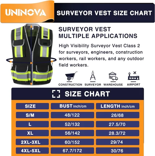 Miniatura 3 de Surveyor Safety Vest Reflective for Men,Class 2 Heavy Duty Safety Vests Reflective with Pockets and Zipper Sv55 Negro (servicio pesado)